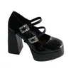 Elbise ayakkabıları yaz yüksek topuklu kadınlar Mary Janes Crystal 2024 lolita trend sığ sandalet pompalar tıknaz yürüyüş zapatos