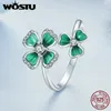 Cluster Ringen WOSTU 925 Sterling Zilveren Dubbele Lucky Clover Open Ring Voor Vrouwen Groene Vier Blad Stapelbare Bruiloft Verjaardagscadeau