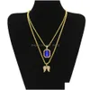 Hänghalsband Mens Hip Hop smycken sätter mini Square Ruby Sapphire Fl Crystal Diamond Angel Wings Pendant Gold Chain Halsband för Dhrie