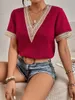 Kvinnors blusar V-hals sparkar spetsblus elegant pendlare lös kort ärmskjorta kvinnlig 2024 sommar brittisk stil dagliga casual toppar
