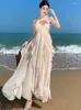 Vestidos casuais moda verão longo férias vestido mulheres roupas elegante bonito chique doce sexy halter sem encosto maxi feriado robe mujer