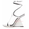 Sandali sexy open toe cinturino alla caviglia quadrato in vernice con zeppa triangolare romana da donna banchetto moda passerella scarpe da ballo