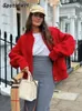 Fashion Red Stand Collar Long Sleeve Short Jacket Women Covered Button Loose Bomber Coats Spring High Street Outerwear 2024 240219