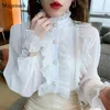 Korean Women Elegant Chiffon Shirt and Blouses Chic Long Sleeve Lace Ruffles Stand Collar Casual Loose White Tops Woman 13433 240220