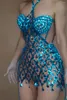 Stage Wear Sparkly Blue Crystals Sequins Sexy Mesh Transparent Halter Dress For Women Party Birthday Singer Dancer