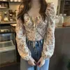 Kadınlar bluzları gagaok bluz fransız nazik stil tasarım duyu gömlek sonbahar benzersiz ince parçalı kare boyun uzun kollu üst