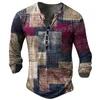 Herren-T-Shirts Vintage T-Shirt für Männer Baumwolle Tee Patchwork Grafik T-Shirts 3D-Druck Langarm Tee Henley Hemd übergroße Herren Kleidung Topl2404