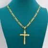 Echte 10k geel massief fijn goud GF Jesus Cross Crucifix charme grote hanger 55 * 35 mm Figaro ketting 24 "600 * 6 mm