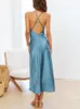 Casual Dresses Evening For Women 2024 Party Elegant Spaghetti Strap Satin Maxi V Neck Button Front Slits Backless Sexy Long