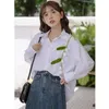 Blusas femininas doce gola virada para baixo camisas de botão moda coreana plissado flor manga longa blusa mulher outwear topos h23