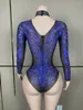 Stage Wear Blu lucido strass Cantante che ospita modello Water Diamond Elastic Mesh Triangle High Fork Costume Body femminile
