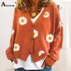 Dames Knits Aimsnug Boho Bloemenprint Truien Lange Mouwen Top Vesten 2024 Herfst Casual Breien Truien Vrouwelijke Trui