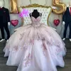 Hellrosa Prinzessin Quinceanera Kleider Ballkleid Schulterfrei Applikation Tüll Sweet 16 Kleider 15 Jahre Mexikanisch