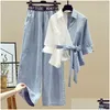 Womens Two Piece Pants Summer Solid Color Plus Size Korean Block Shirt Jeans Fashion High Waist Loose Casual Jean 2-piece Se Dhy6a