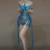 Stage Wear Sparkly Blue Crystals Sequins Sexy Mesh Transparent Halter Dress For Women Party Birthday Singer Dancer