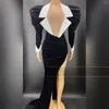 Stage Wear Luxury Shiny Diamond Bubble Long Sleeved White Collar Velvet Bodysuit Tail Dress Set Nightclub Bar Singer Model Walk