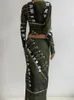 작업 드레스 Weekeep Chic Print Long Skirt 2 피스 세트하라 주쿠 전체 슬리브 O 목 자르기 탑 및 저 상승 스트레이트 맥시 스커트 정장 여성