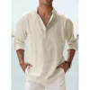 Polo da uomo T-shirt a maniche lunghe in lino da uomo Camicia casual in cotone Camicie con colletto alla coreana con bottoni larghi Tinta unita