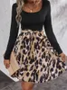 Abiti casual Elegante Chic Donna Leopard Patchwork Abito a maniche lunghe Una linea O Cravatta al collo Gonna corta con cintura a vita alta 2024