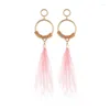 Boucles d'oreilles pendantes style bohémien, plume d'autruche, longue forme géométrique en métal, cercle creux, pendentif perlé pour femmes, bijoux nobles et élégants