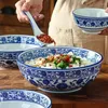 Bols vaisselle en porcelaine bleue et blanche, grand bol en céramique, ustensiles japonais, soupe de nouilles décorative, fournitures de cuisine à domicile