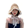 Summer Sun Hat Kvinnor Damer Lace Ribbon Holiday Beach Straw Paper Lady Out Door Travel Leisure Cap Bucket Foldbar 240219