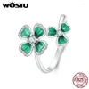 Cluster Ringen WOSTU 925 Sterling Zilveren Dubbele Lucky Clover Open Ring Voor Vrouwen Groene Vier Blad Stapelbare Bruiloft Verjaardagscadeau