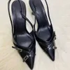 Sandals 2024 Women Black Leather Heeled Slingback Pumps Chic Buckled Ankle Strap Heels Elegant Office Lady Pointed Toe Mules ShoesL2402