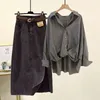 İş Elbiseleri Kadın Yaz Seti 2024 Sonbahar Uzun Kollu Dönüş Gömlek Yüksek Bel Yan Bölünmüş Denim Etek İki Parça Günlük Kıyafetler