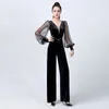 Stage Wear Adults Modern Dancing Clothes Mesh Sleeves Velvet Top Ballroom Dance Pants Women Latin Costumes Practice SL9549