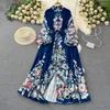Casual Dresses Dress for Women Stand Printing Lantern Sleeve Button Vestidos French Court Retro A-Line Belt Lace Up Spring Drop