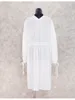 Women's Swimwear Elegant White Chiffon Lace Long Sleeved Bow Cardigan Bathing Suit Cover Ups Beach Sarong Robe De Plage Tunic #Q947