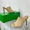 Mules de ouro nó galvanizado 9cm saltos sandálias famoso designer mulheres de alta qualidade vestido de couro sapato redondo dedos altos salto alto festa de casamento noite com caixa 10a