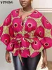 Plus Size 5XL VONDA Women Tunic Tops Fashion 3/4 Sleeve Casual Printed Bohemian Blouse V-neck Loose Belted Party Shirts 240219