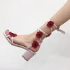 Sandaler 2024 Est Womens Square Heel Cut-out Flower Decor String Bead Summer Shoes Ankel Cross Strap Lace-Up Ladies