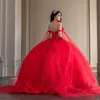 Robe De bal rouge De luxe, 16 robes Quinceanera, épaules dénudées, perles appliquées, dentelle, tulle, 15 ans, 2024