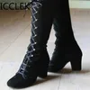 Dress Shoes 2020 Winter Women Boots Shoes Fashion Vintage Lace-up Boots Women Round Cowboy High Heels Booties Shoes Woman Botas Mujer A031L2402
