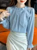 Women's Blouses Jielur Autumn Solid Color Slim Chiffon Women Blouse Casual Loose Simple Chic Woman Blue White Basic Long-Sleeved Top