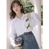 Blusas femininas doce gola virada para baixo camisas de botão moda coreana plissado flor manga longa blusa mulher outwear topos h23