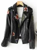 FTLZZ femmes rétro imprimé Floral broderie Faux cuir souple veste manteau col rabattu Pu Moto Biker noir Punk vêtements d'extérieur 240221