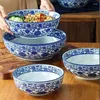 Tigelas Azul e Branco Porcelana Talheres Cerâmica Tigela Grande Utensílios Japoneses Decorativos Sopa de Macarrão Casa Cozinha Suprimentos