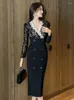 Casual Dresses 2024 Spring Fashion French Hollow Sheer Spets Spark Dress for Women Professional Black Double Breasted Robe Business