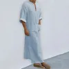 Regatas masculinas vestido com decote em v meia mangas grande bolso cor sólida pulôver casual wear plus size masculino longo robe camisa vestido folgado pano