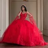 Robe De bal rouge De luxe, 16 robes Quinceanera, épaules dénudées, perles appliquées, dentelle, tulle, 15 ans, 2024