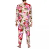 Herren-Nachtwäsche, tropisches Barock-Blumen-Pyjama-Set, Vintage-Rosa-Rosen, romantisch, männlich, lange Ärmel, ästhetischer Schlaf, zweiteiliger Heimanzug