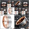 Wedding Rings Wedding Rings Jewelry Vakki 8Mm Wide Tungsten Carbide Ring Side Step Rose Gold Plating Surface Hammered Steel Men Engage Dheqh