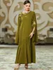 Etniska kläder Islamiska marocko Muslimska Fashion Army Green Mellanöstern Extra långa ärmar Tunga broderier Applique Dress Dubai