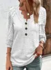 Kvinnors blusar 2024 Casual Summer Autumn Women Knit Blus Shirt ihåliga spetsar Långa ärmar Knapp V-Neck Elegant Solid Color Pullover Tops