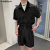 INCERUN Men Sets Streetwear Summer Solid Lapel Short Sleeve Shirt Shorts With Belt 2PCS Korean Fashion Mens Suits S5XL 240220