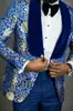 Men's Suits 2024 Fashion Men Gold Pattern And Royal Blue Groom Tuxedos Velvet Shawl Lapel Groomsmen Wedding Man ( Jacket Pants )